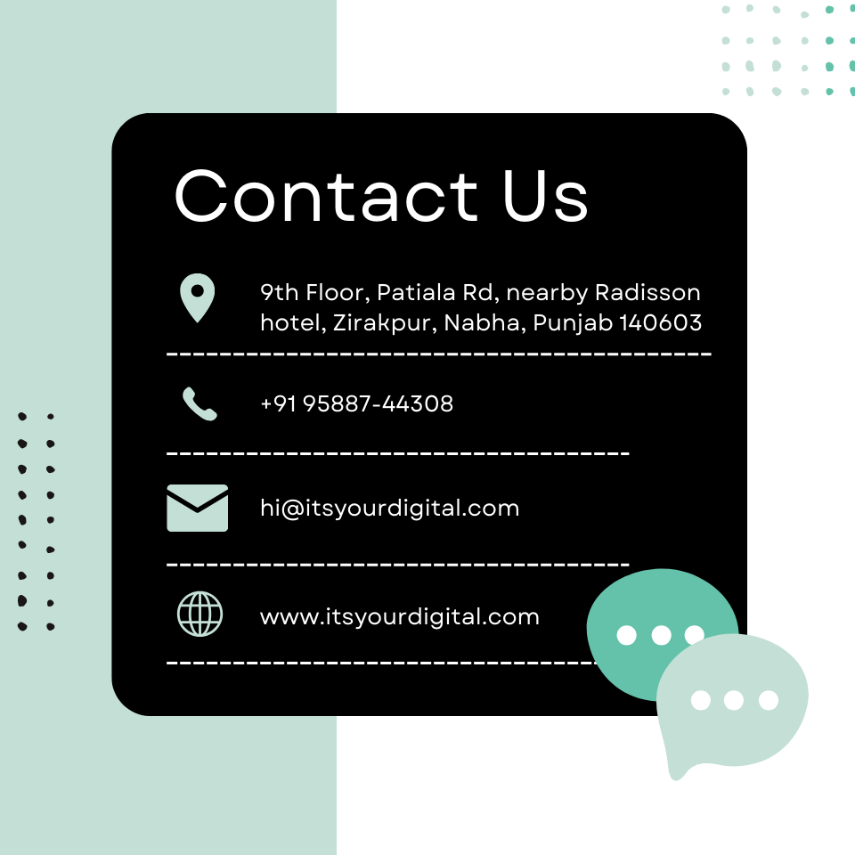 the graphical image in which Contact details is mentioned of Itsyourdigital company like mail id, contact number , website url, address