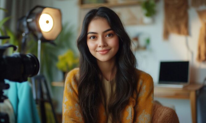 Influencer shooting in professional background photo