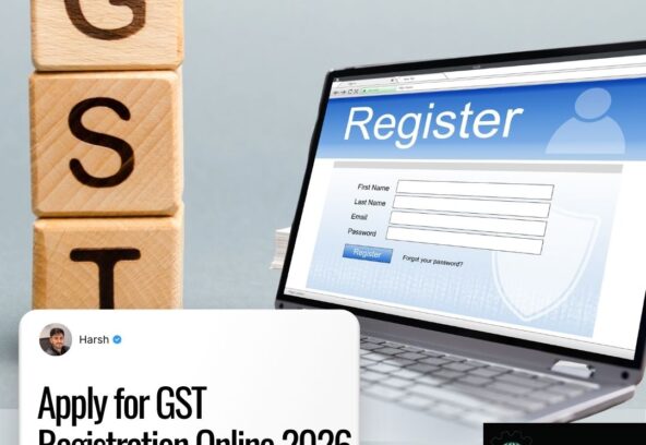 Image showing how to laption and boxes on which GST is written and a text is written "how to apply for GST onine 2026
