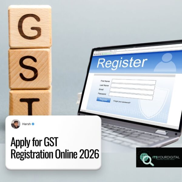 Image showing how to laption and boxes on which GST is written and a text is written "how to apply for GST onine 2026