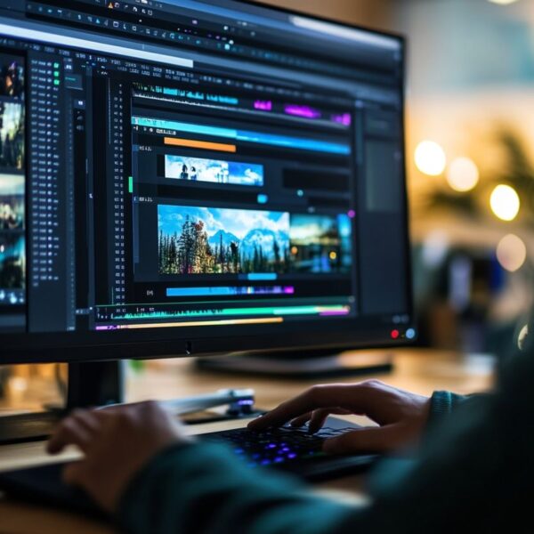Person editing video on the desktop photo