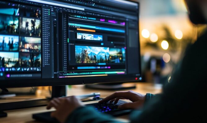 Person editing video on the desktop photo