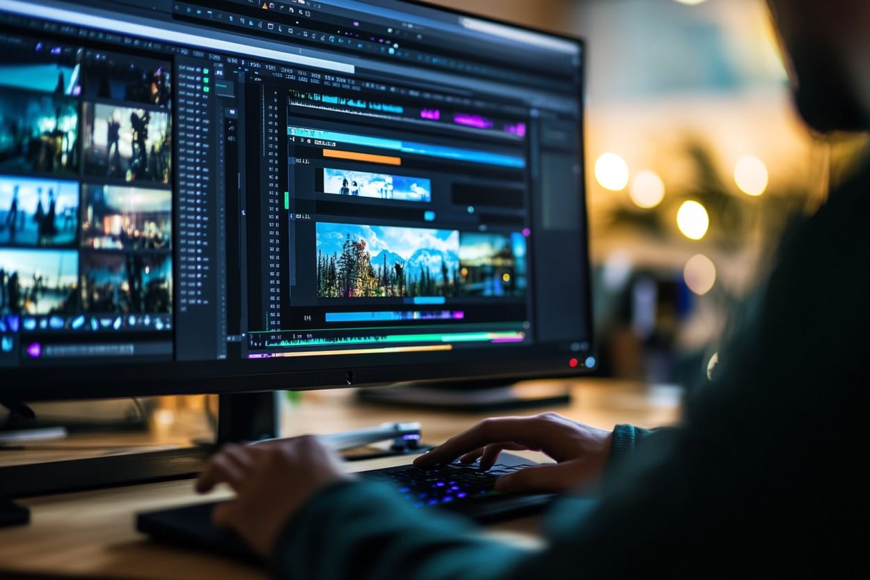 Person editing video on the desktop photo