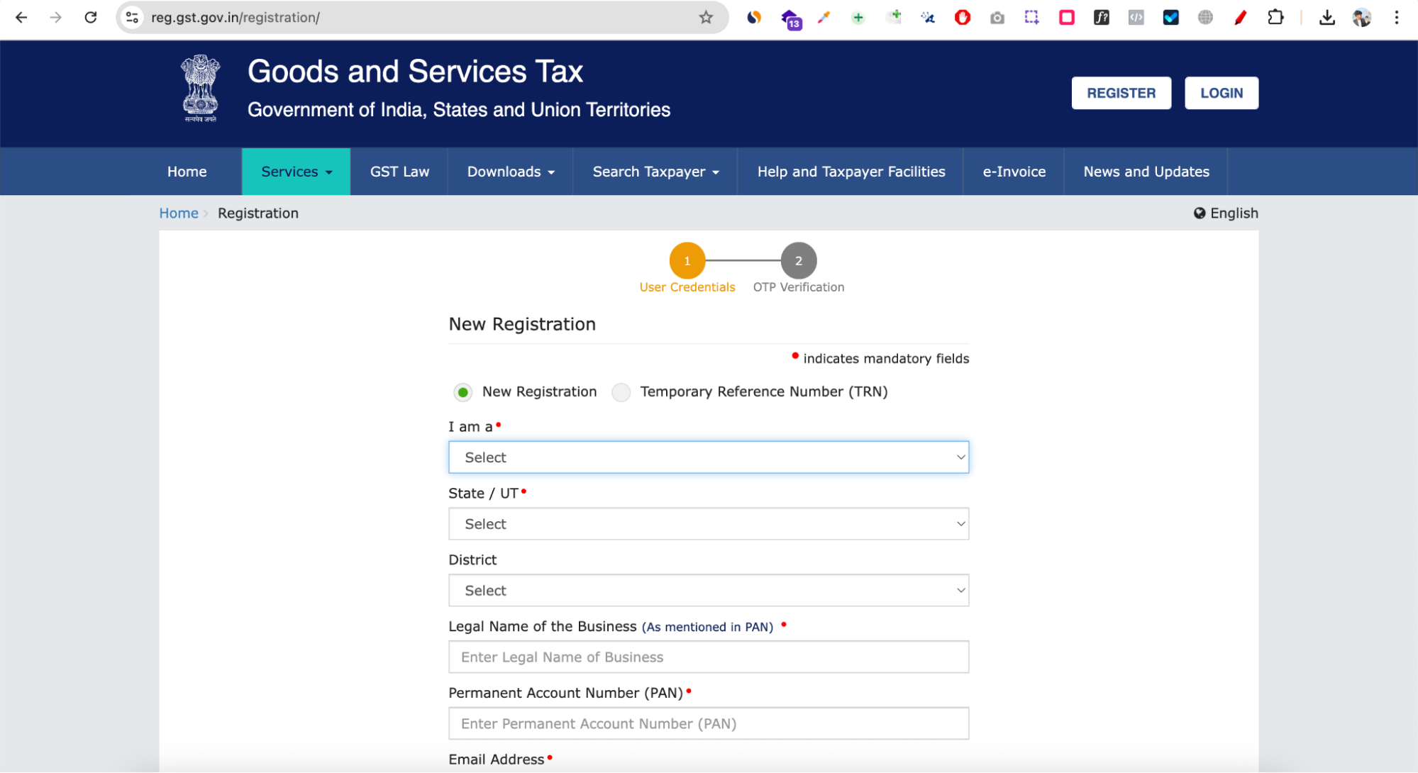 Screenshoot of GST portal for new registration